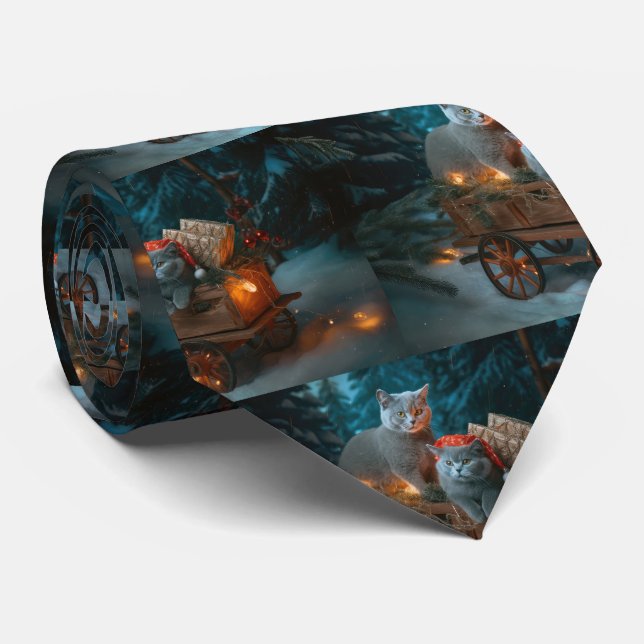 Cravate Chat Bleu Russe Sleigh Neigeux Décor Noël (Roulé)