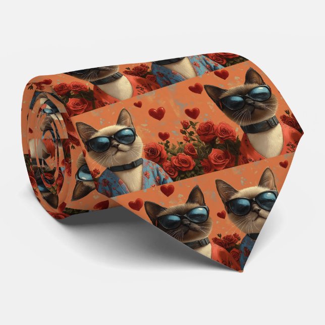 Cravate Chat de Siamese avec coeur Roses Saint-Valentin (Roulé)