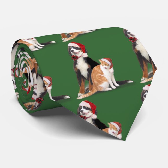 Cravate Chat et chien avec chapeau de Père Noël (Roulé)
