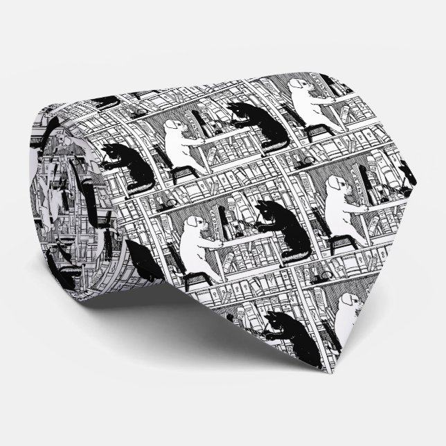 Cravate Chat et chien dans la bibliothèque (Roulé)