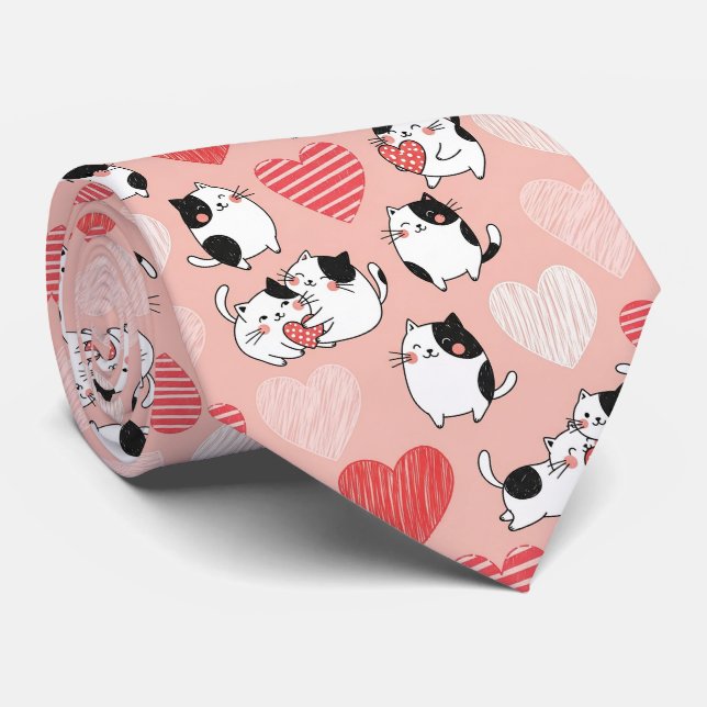 Cravate Chat Kawaii & Cœurs Motif de la Saint-Valentin (6) (Roulé)