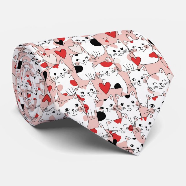 Cravate Chat Kawaii & Motif de la Saint-Valentin Cœurs (3) (Roulé)