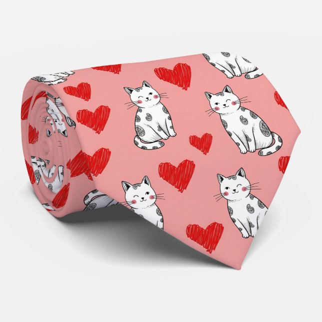 Cravate Chat Kawaii & Motif de la Saint-Valentin Cœurs (5) (Roulé)