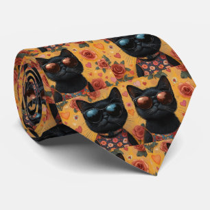 Cravate Chat Noir Avec Roses de la Saint-Valentin 