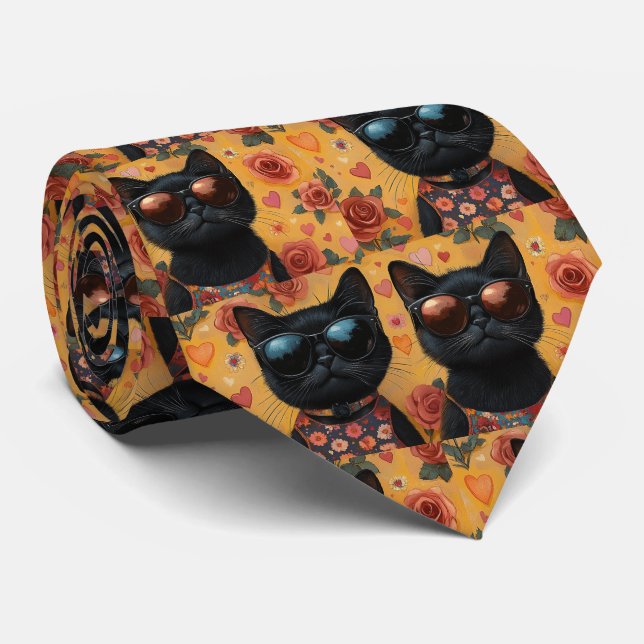 Cravate Chat Noir Avec Roses de la Saint-Valentin  (Roulé)