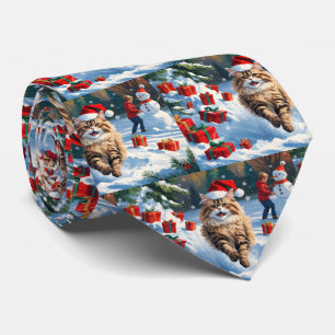 Cravate Chat Persan Assis dans la Neige avec un Chapeau de