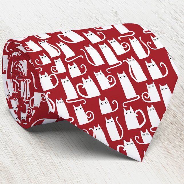 Cravate Chat Rouge Blanc (White cats on a red background fun animal pattern art neck tie)
