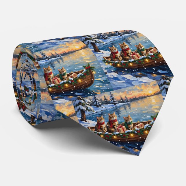 Cravate Chat Sibérien Noël Bateau Fêtes (Roulé)