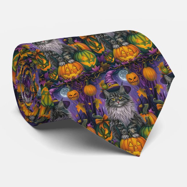 Cravate Chat Sibérien Squelettique Halloween Sorcière et C (Roulé)