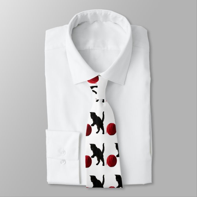 Cravate Chat silhouette noire, avec boule de laine rouge ( (Attaché)