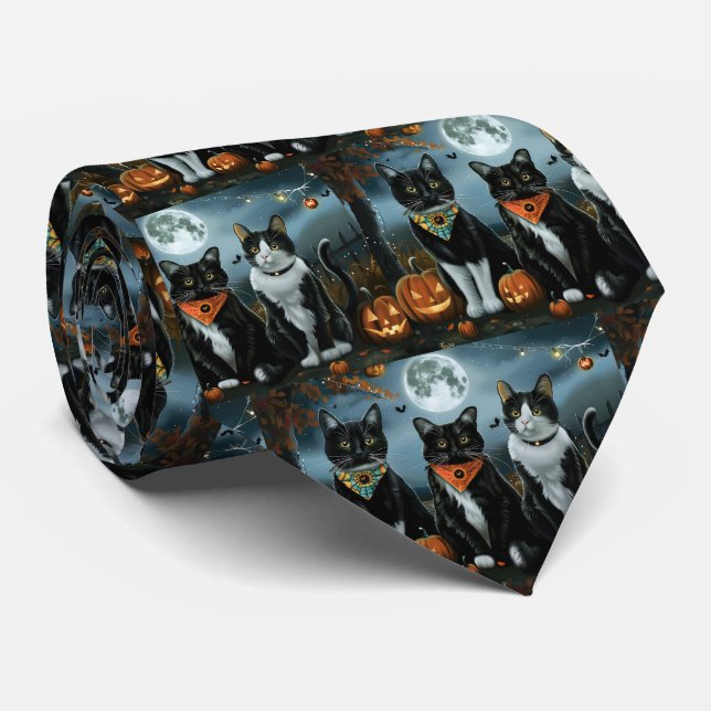 Cravate Chat Smoking Halloween Effrayant (Roulé)