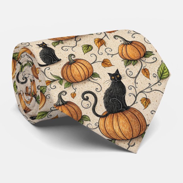Cravate Chats noirs et citrouilles motif Halloween (Roulé)