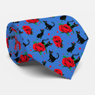 Cravate Chats noirs mignons effrayants Motif de roses roug