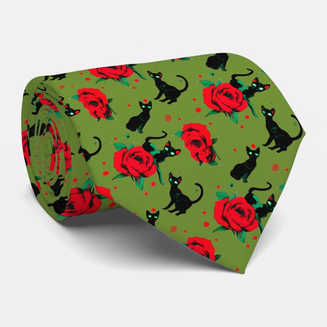 Cravate Chats noirs roses rouges motif Saint-Valentin somb (Roulé)