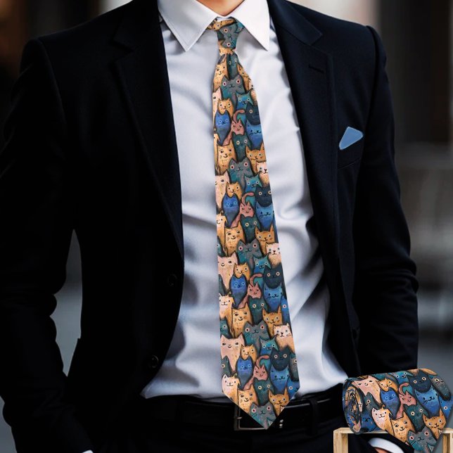 Cravate Chats Parfaits Ludiques - Bleue, Cravate O (Playful Purr-fect Cats Tie - Blue, Orange Neck Tie)