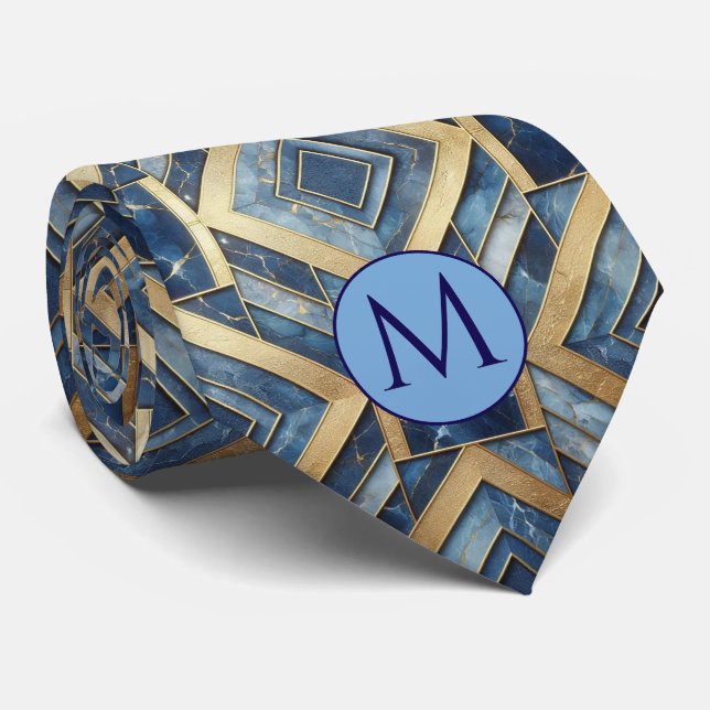 Cravate Chemise en faux soie à monogramme | Marbre bleu +  (Roulé)