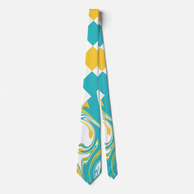 Cravate Chèques et permules en Turquoise, Jaune et Blanc (Devant)