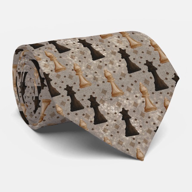 Cravate Chess Pieces Game of Chess Black White and Gold (Roulé)