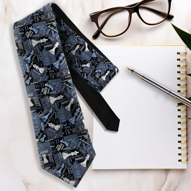 Cravate Chess Terms and Pieces Silver and Blue ID784 (Créateur téléchargé)