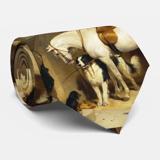 CRAVATE CHEVAL BLANC AVEC CHIENS ET FALCONS EN STABLE (Roulé)