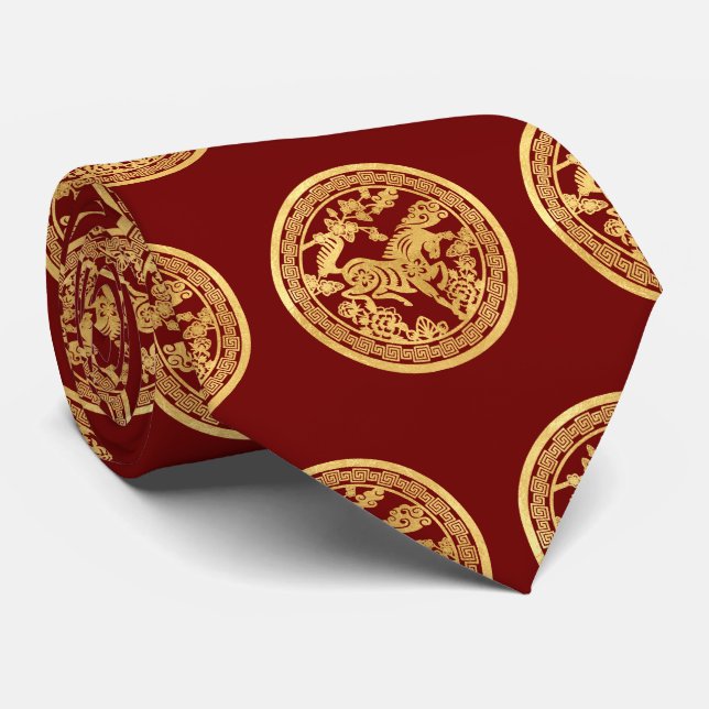 Cravate Cheval Chinois en or style papier découpé rouge cr (Roulé)