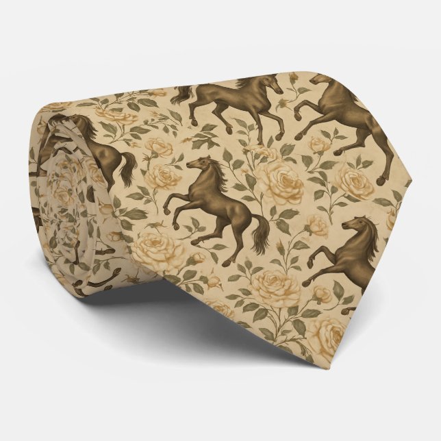 Cravate Cheval vintage et Floral Rose (Roulé)