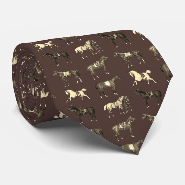 Cravate Chevaux de selle élégants vintage marron beige (Roulé)