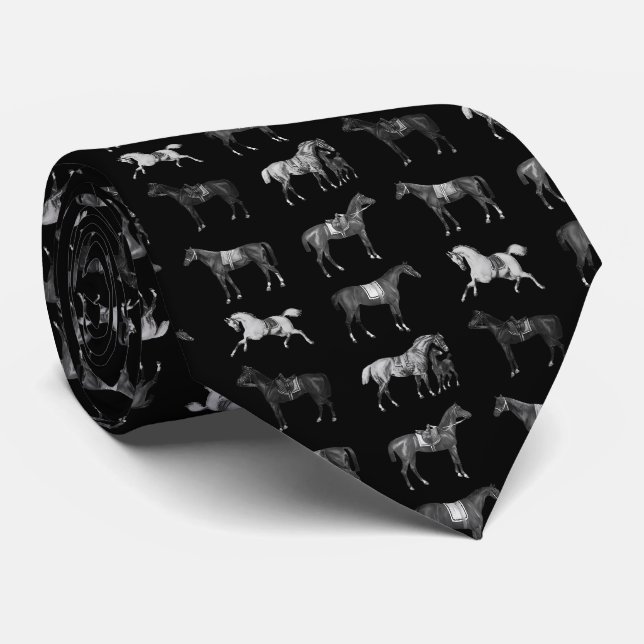 Cravate Chevaux noirs élégants et vintage sellés (Roulé)