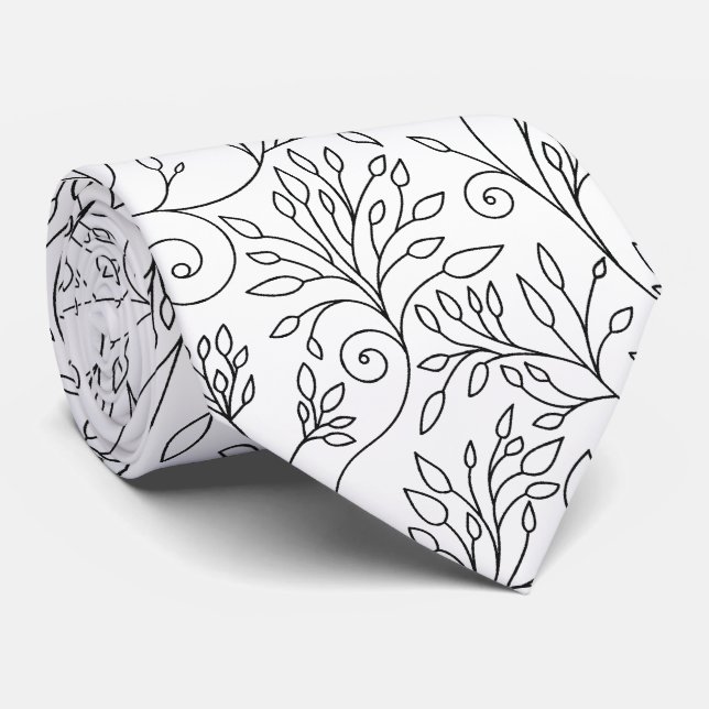 Cravate Chic Black White Line Art Vines Floral Pattern (Roulé)