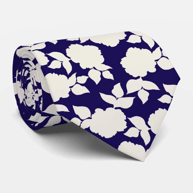 Cravate Chic bleu marine et motif floral blanc (Roulé)