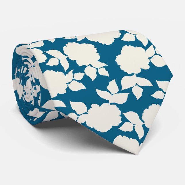 Cravate Chic bleu marine et motif floral blanc (Roulé)
