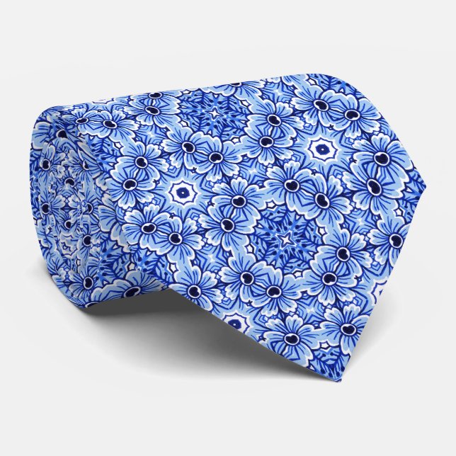 Cravate Chic Classique Delft Bleu Floral Motif d'Art (Roulé)