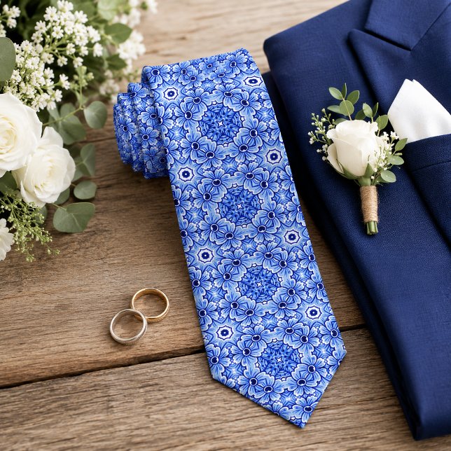 Cravate Chic Classique Delft Bleu Floral Motif d'Art (Créateur téléchargé)