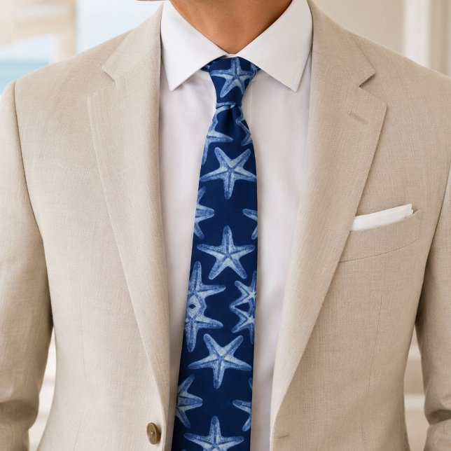 Cravate chic côtier plage rustique nautique bleu étoile de (coastal chic beach rustic nautical blue starfish neck tie)
