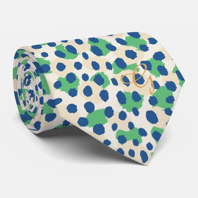 Cravate Chic couleur vert bleu cheetah imprimé monogramme (Roulé)