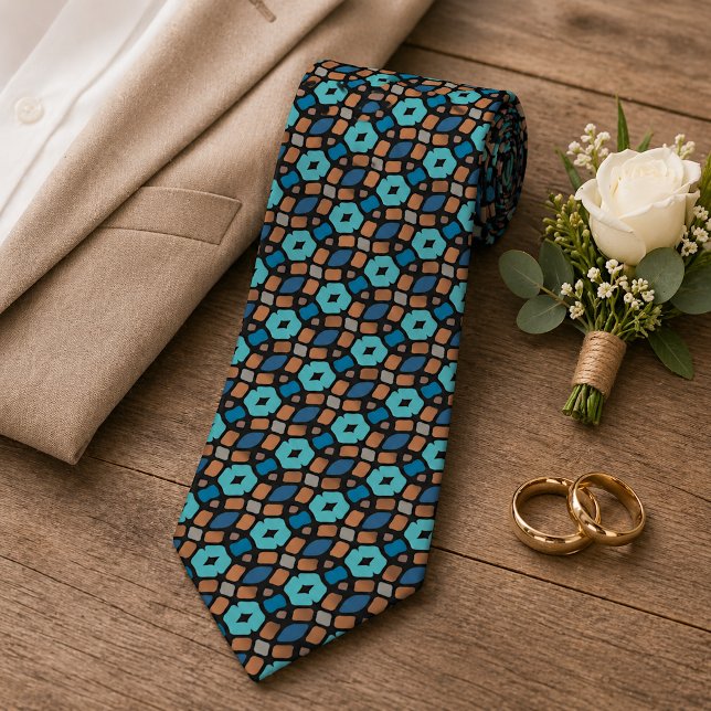Cravate Chic Turquoise Bleu Brun Noir Art Tribal (Créateur téléchargé)