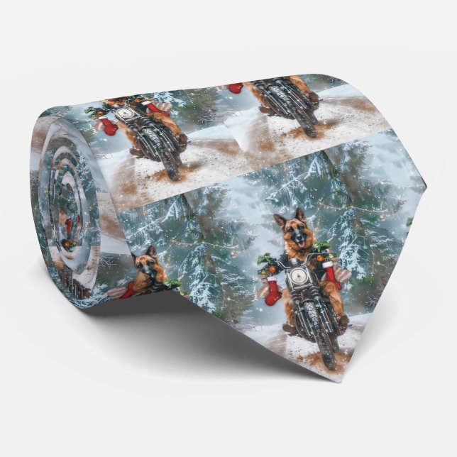 Cravate Chien berger allemand à moto Noël  (Roulé)