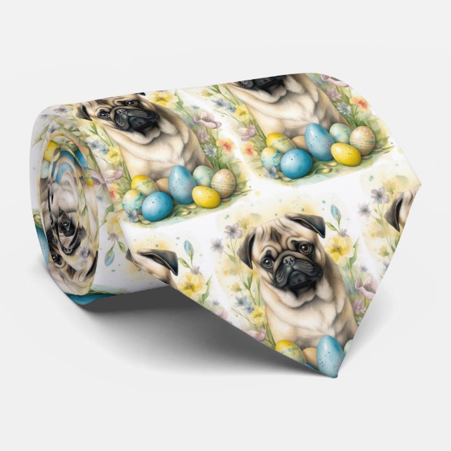 Cravate Chien Carlin avec œufs de Pâques Fête (Roulé)