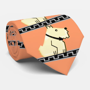 Cravate Chien d'art déco, noir+Clé grecque argentée+Saumon