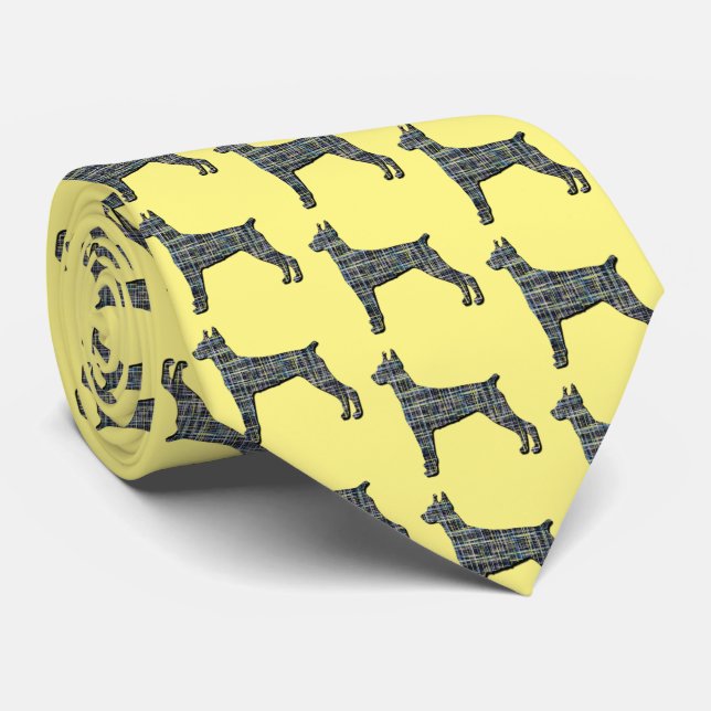 Cravate Chien Doberman Silhouette Jaune et Grille Noire Ja (Roulé)