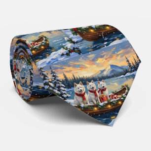 Cravate Chien Esquimau Américain Blanc Noël Bateau Fêtes