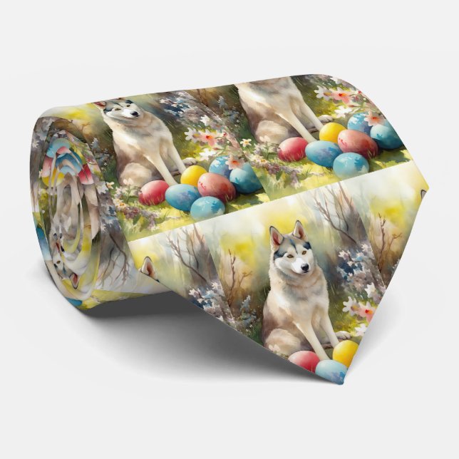 Cravate Chien Husky Sibérien avec œufs de Pâques vacances  (Roulé)