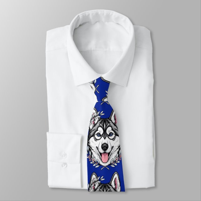 Cravate Chien Husky Sibérien Et Fleur De Laurier Des Monta (Attaché)