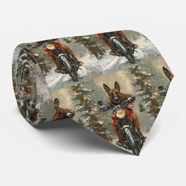 Cravate Chien Malinois Belge à moto Noël (Roulé)