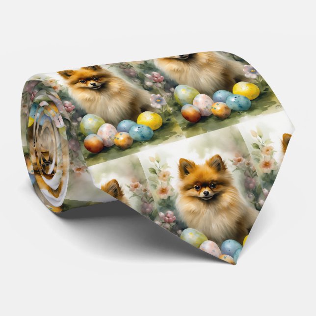 Cravate Chien Poméranie avec œufs de Pâques Fête (Roulé)