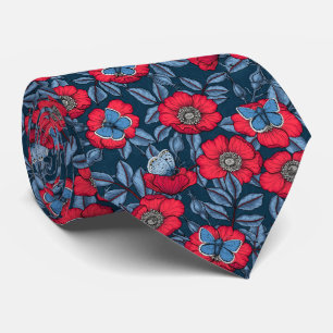Cravate Chien rose et papillons en bleu et rouge