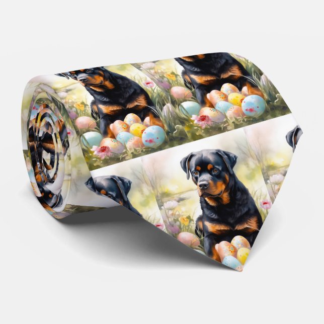 Cravate Chien Rottweiler avec Oeufs de Pâques Fête (Roulé)