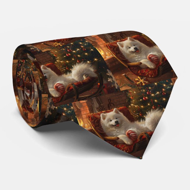 Cravate Chien Samoyède Fête de Noël (Roulé)