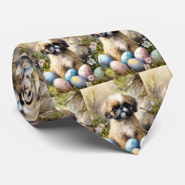 Cravate Chien Shih Tzu avec Oeufs de Pâques Fête (Roulé)