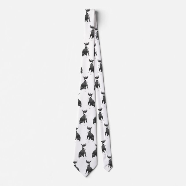 Cravate Chien Taureau noir et blanc motif tendance (Devant)